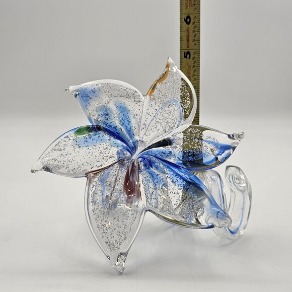 Murano Italy Hand Blown Glass Flower Sculpture Silver Blue Swirl Stem Art 4.75" - Picture 10 of 12